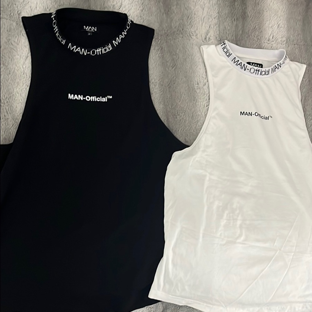 Boohoo Man official workout tank tops contrast neck Black & White muscle medium